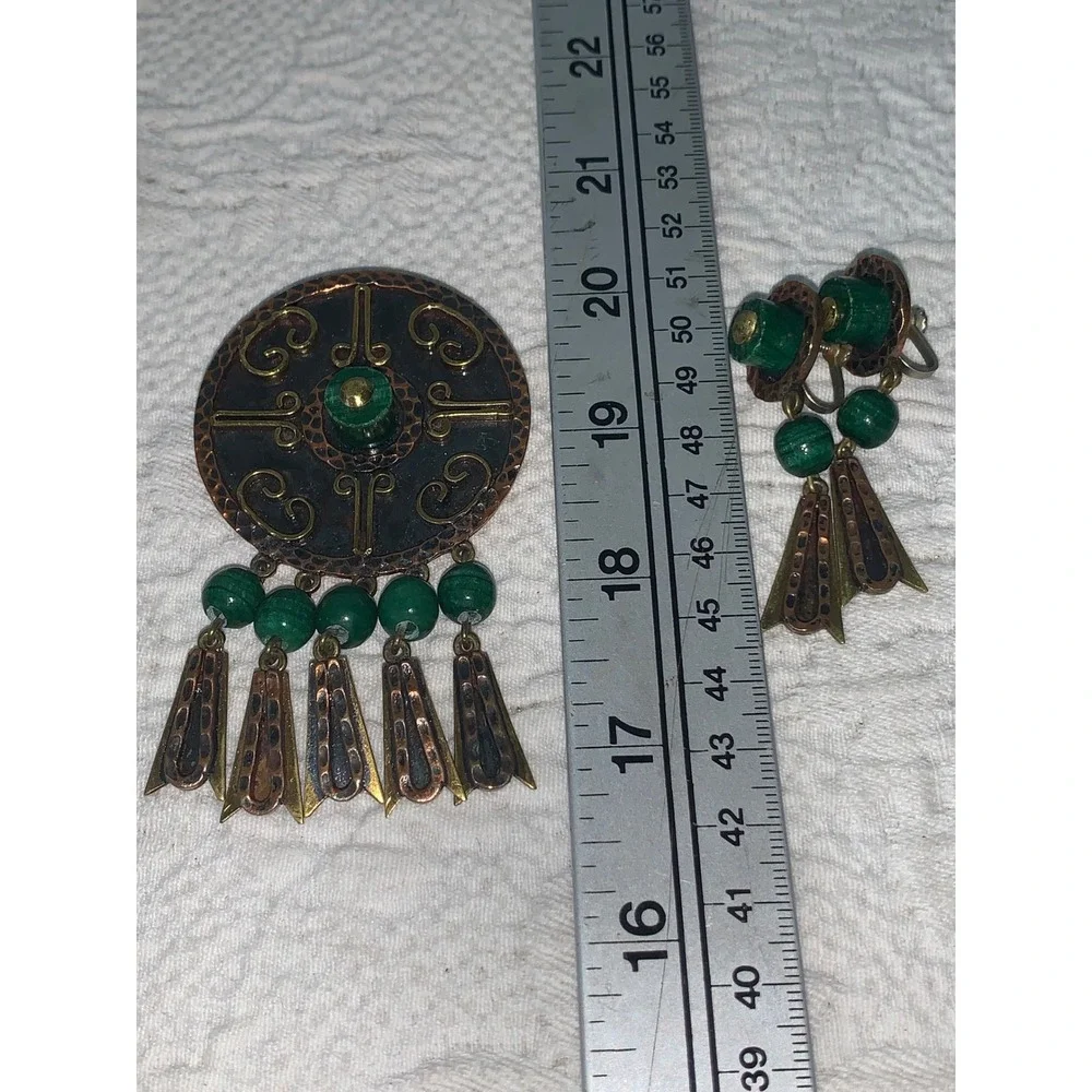 Vintage Mexico Mixed Metal Copper Malachite Brooch Pendant and Earrings Set‎